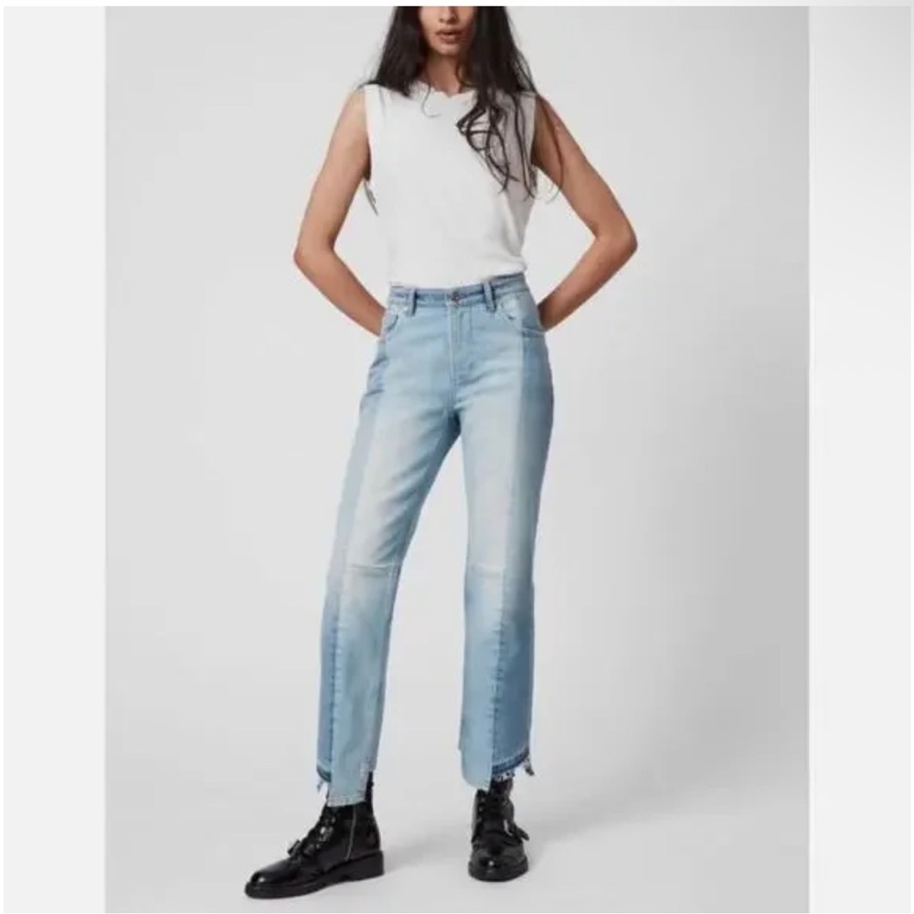 ALL SAINTS Kim Two‎ Tone Asymmetric Hem Jeans in Mid Indigo Size 27